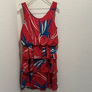Sariah Tropical Red and Blue Mini Ruffle Dress Size 2 Vacation Classy 100% Silk